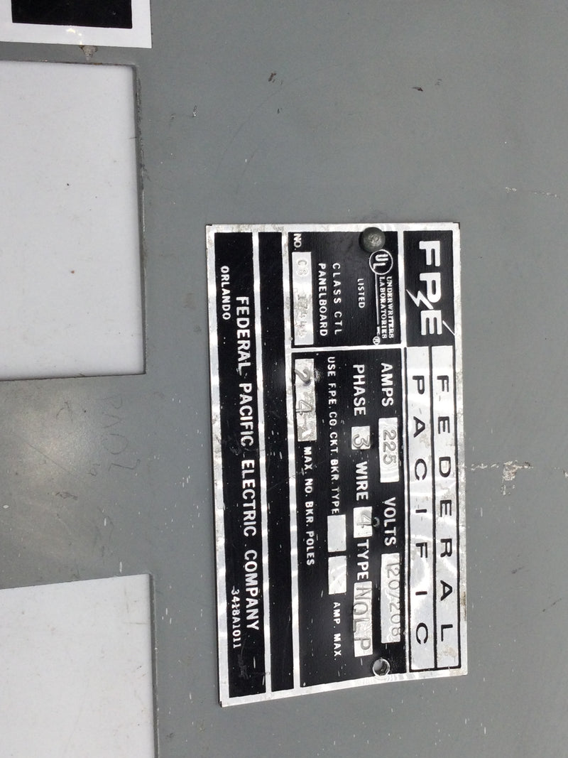 FPE CS 17444 120/208V 225 Amp 3 Phase 4 Wire Type NQLP 24 Space Dead Front Cover 23 1/4" x 9 7/8"