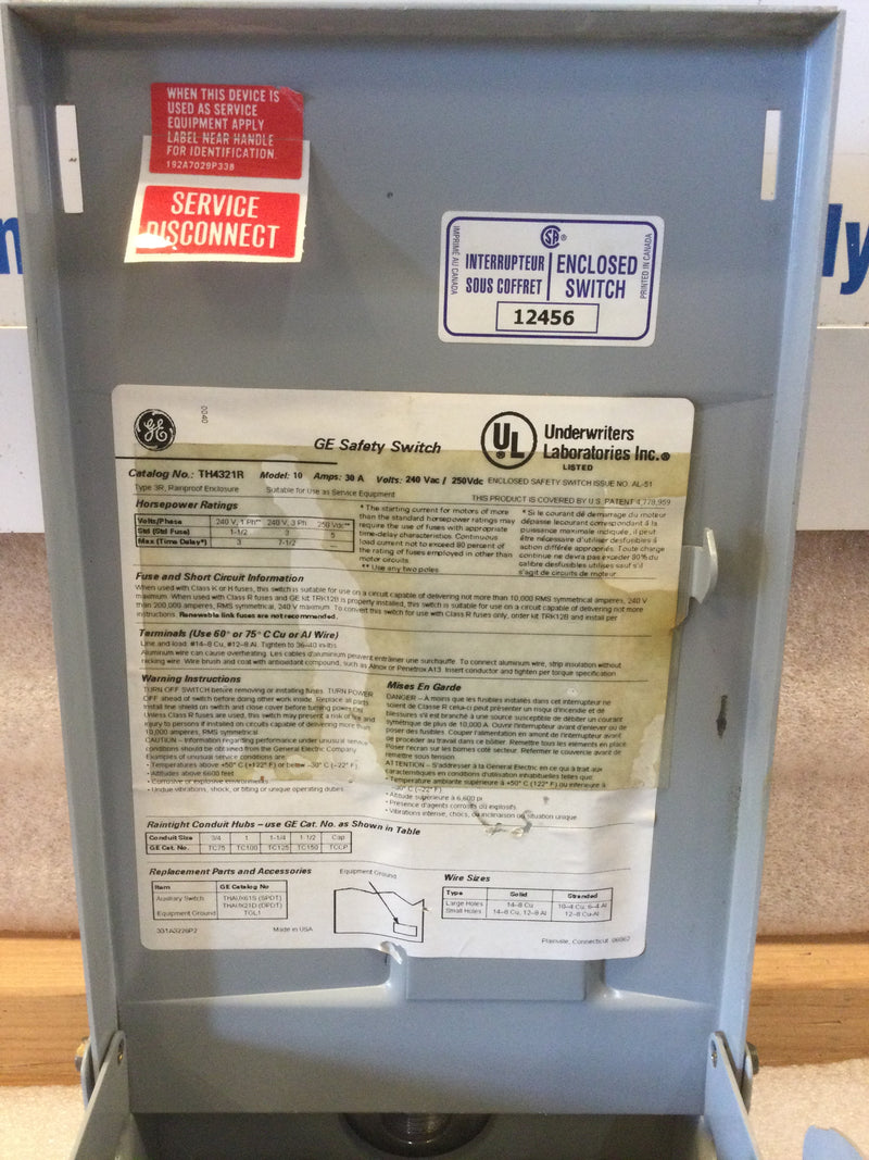 General Electric TH4321R 3 Phase 30A 240VAC Fused Safety Switch Type TH/R Nema3R Outdoor