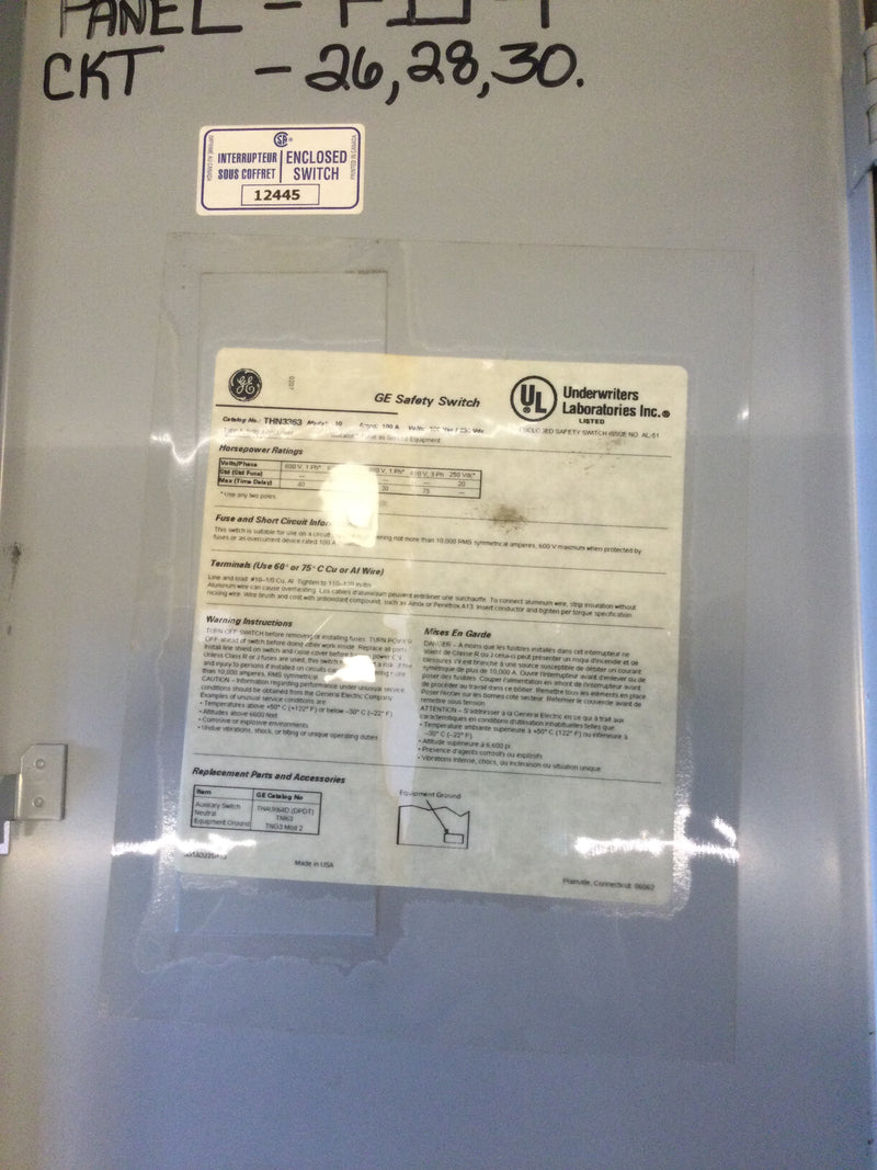 General Electric Heavy Duty THN3363 100 Amp 600 Vac Non-Fused Safety Switch 3 Pole Nema1r