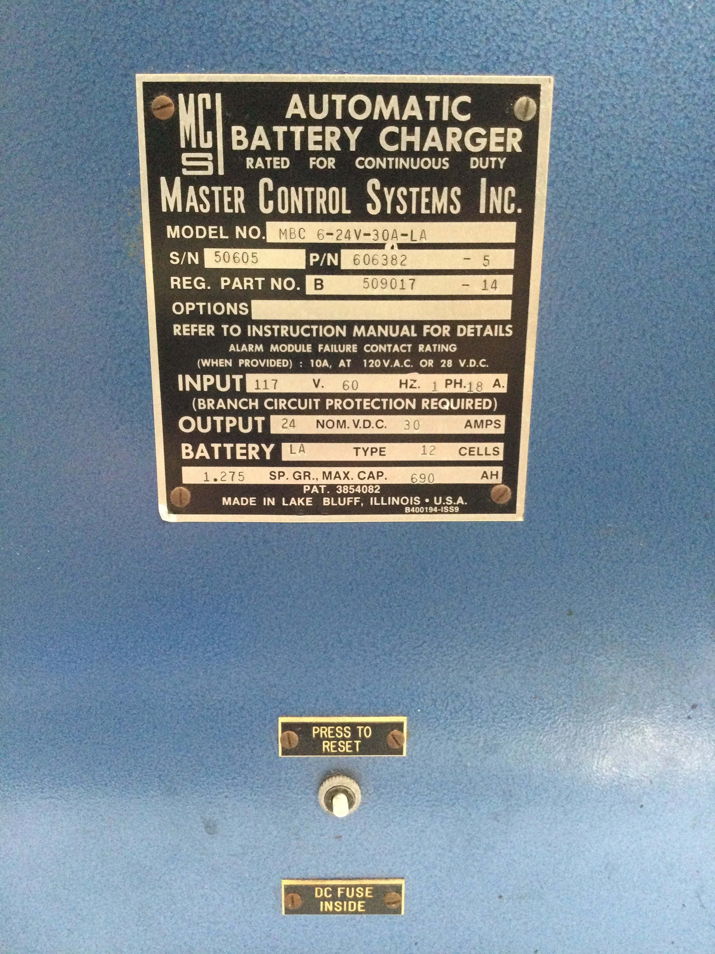 Master Control Systems MBC624V30ALA Automatic Battery Charger 117VA