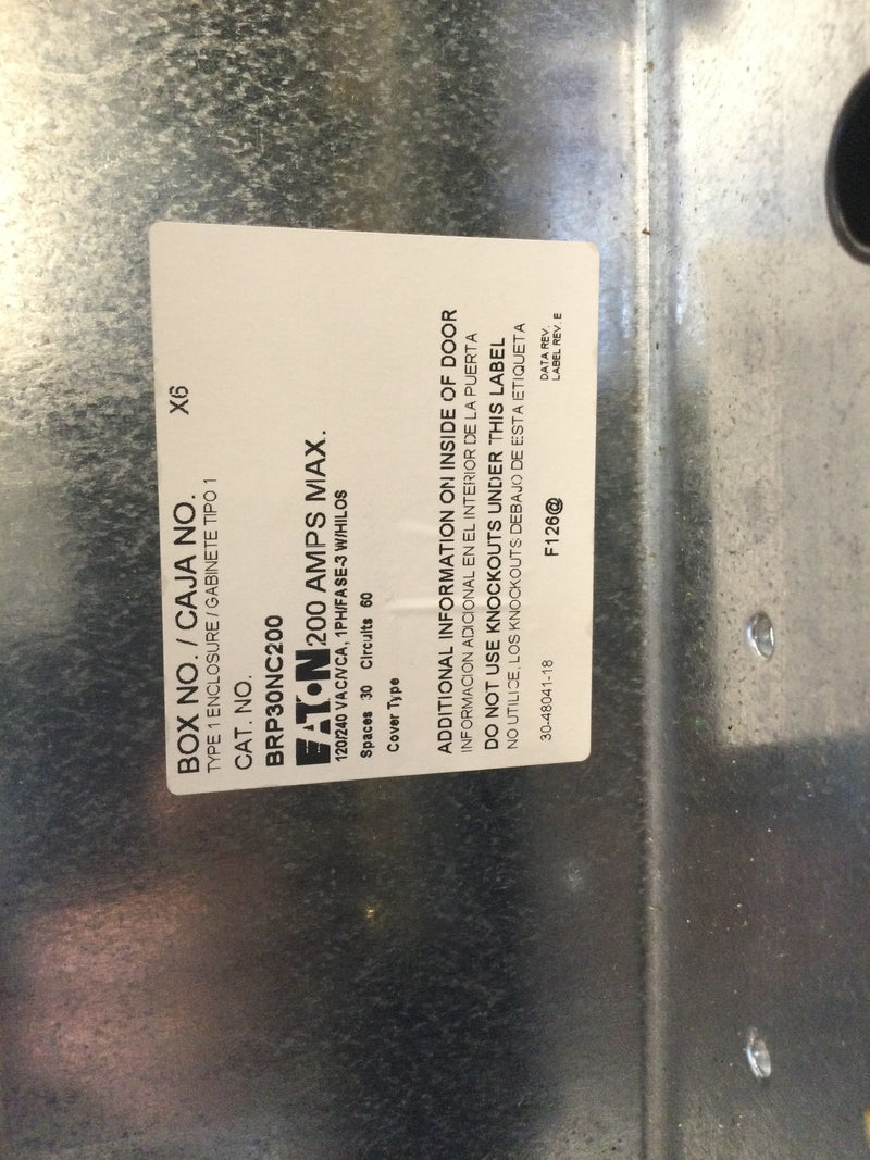 Eaton/Cutler-Hammer BRP30NC200 30 Space/60 Circuit 200A 120/240VAC Type BR Plug On Neutral Copper Buss (New In Box)