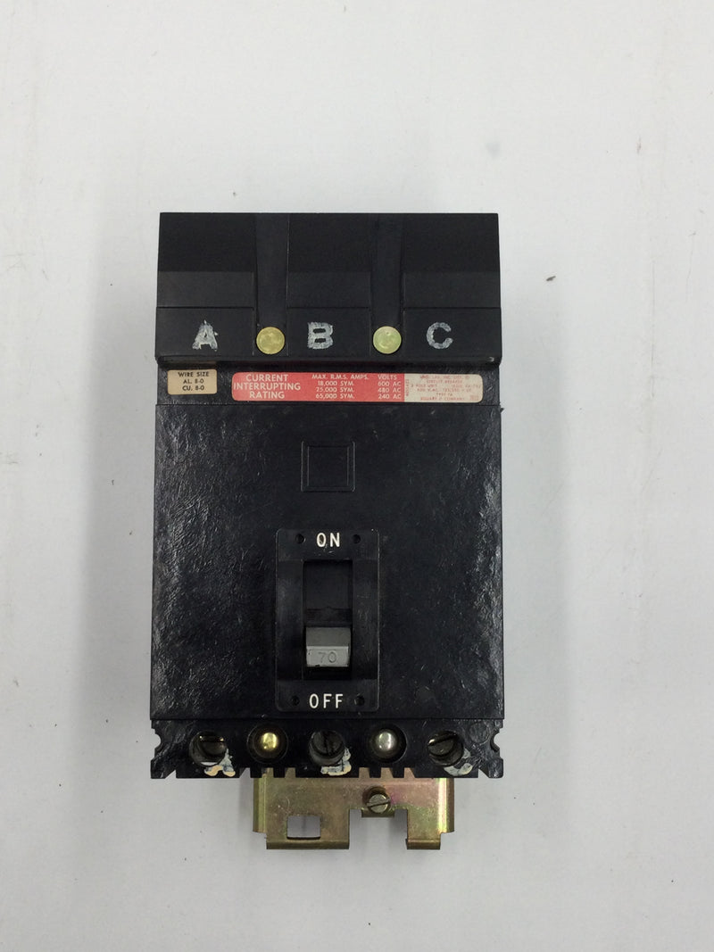 Square D FH36070 70 Amp 600v 3 Pole Type FA Series 2 Thermal Magnetic Circuit Breaker