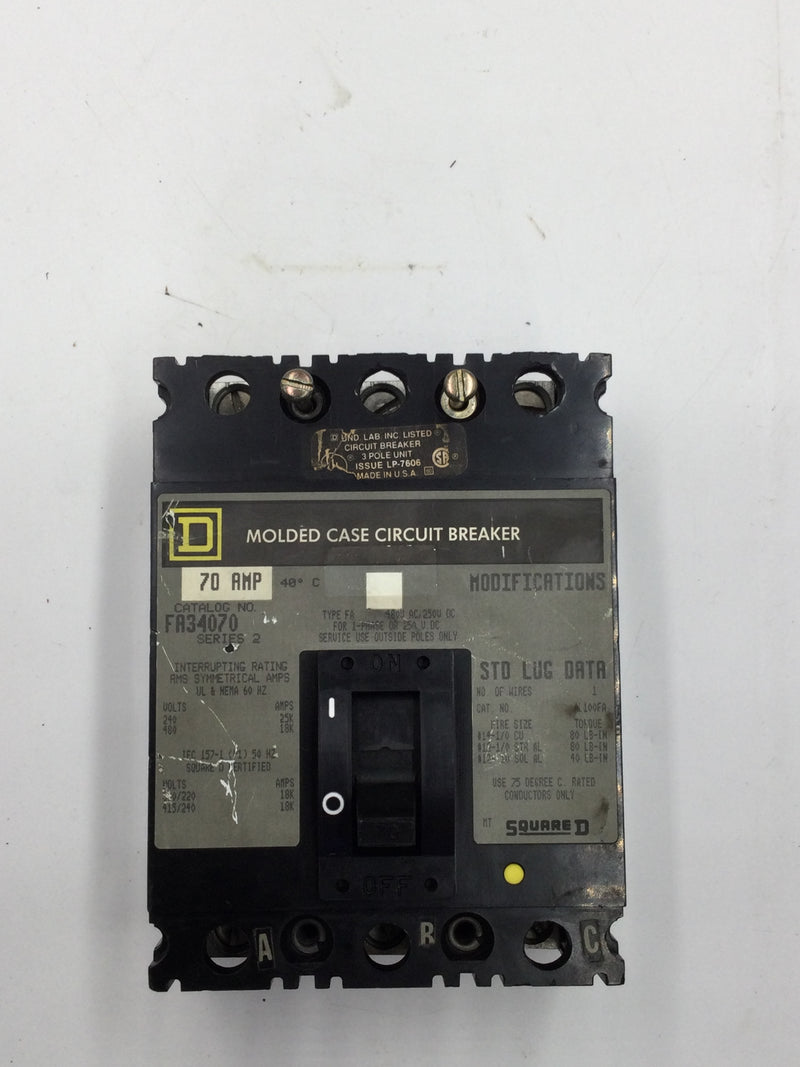 Square D FA34070 70 Amp 3 Pole 480V Circuit Breaker FA-34070