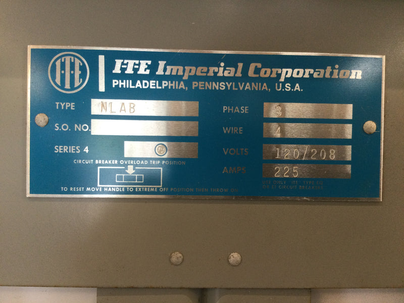 ITE 225 Amp 120/208v 3 Phase 4 Wire Type NLAB Dead Front