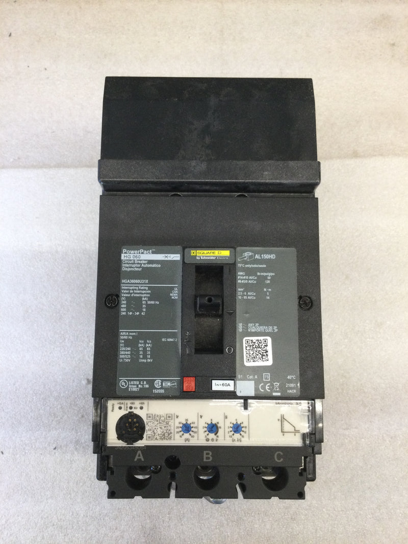 Square D HGA36060U31X 3 Pole 60 Amp 600V Max Micrologic 3-2 Trip