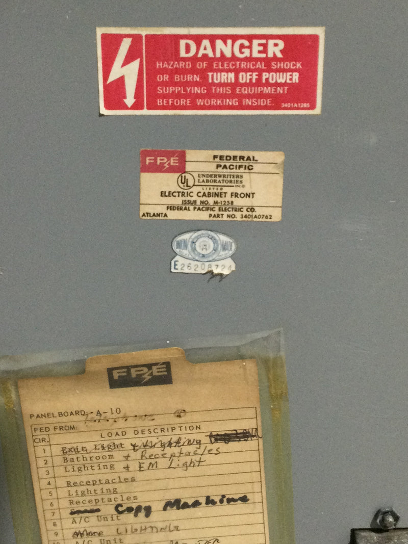 Panelboard Fpe FPE Federal Pacific Cabinet Front 3401A0762 42 Space Panel Board Cover