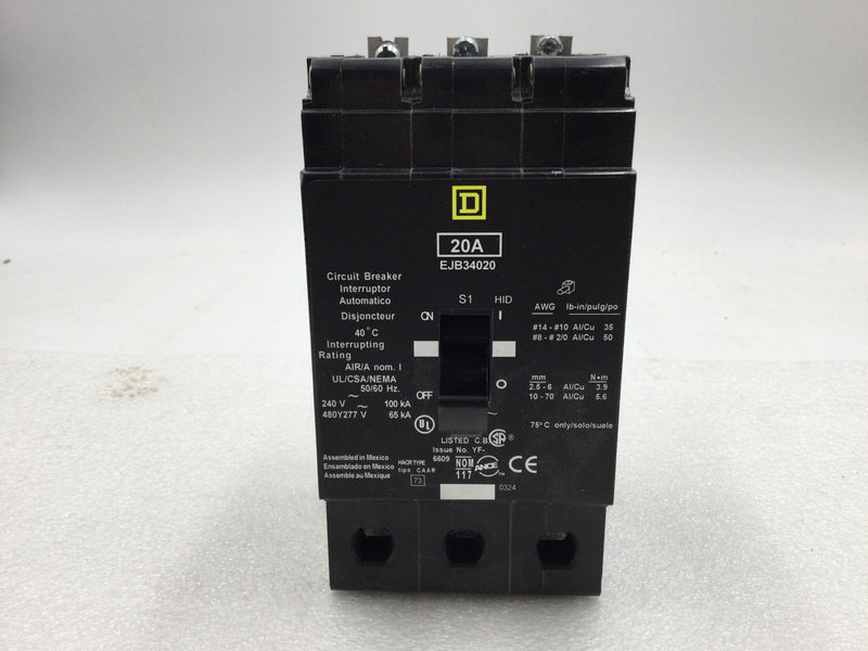 Square D EJB34020 3 Pole 20 Amp 65K 480/277V Circuit Breaker