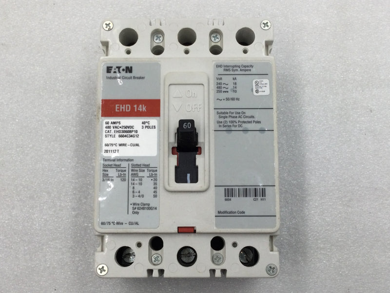 Eaton EHD3060BP10 60 Amp 3 Pole 480V EHD 14K Circuit Breaker