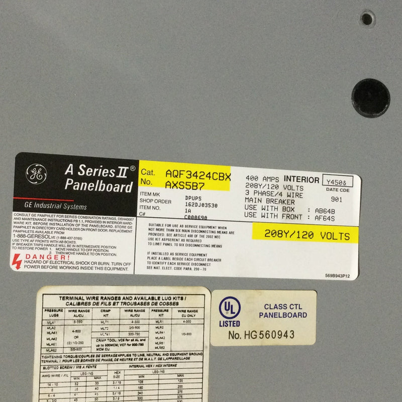 General Electric AQF3424CBX 3Ph 4 Wire 400A 42 Circuit Main Breaker Pa