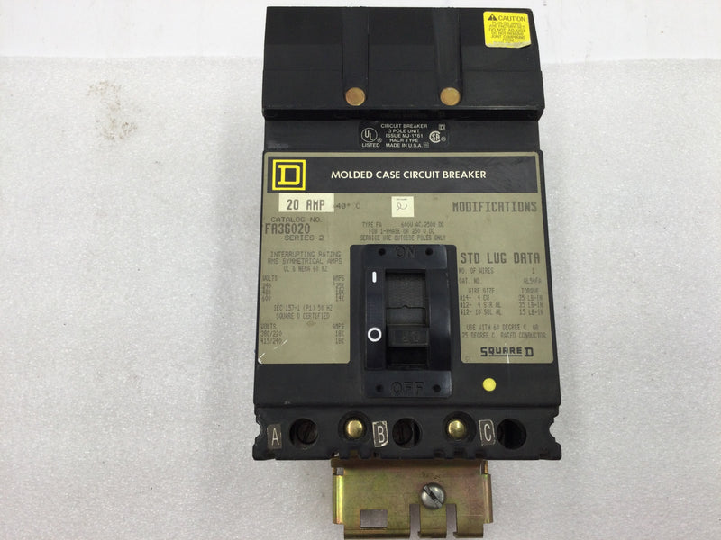 Square D FA36020 20 Amp 3 Pole 600v I Line Circuit Breaker
