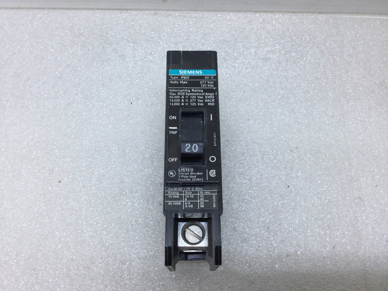 Siemens BQD120 Single Pole 20 Amp Bolt In 277/480V Type BQD Circuit Breaker
