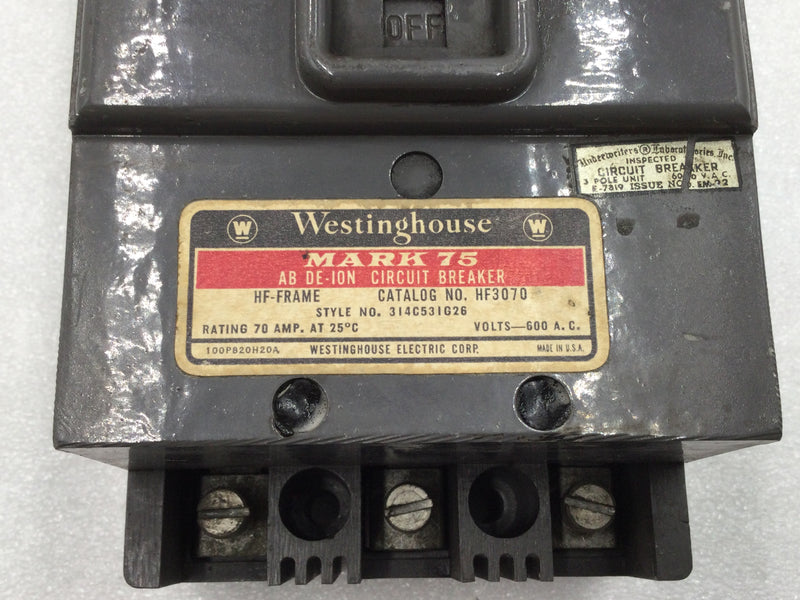 Westinghouse HF3070 Mark 75 AB De-Ion 70 Amp 600V Circuit Breaker