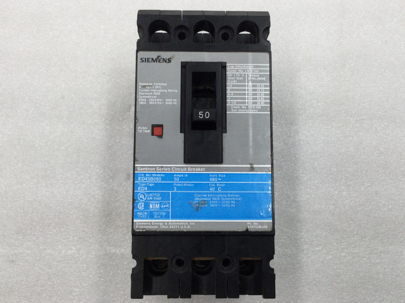 Siemens ED43B050 480v 3 Pole 50 Amp Type ED4 Circuit Breaker