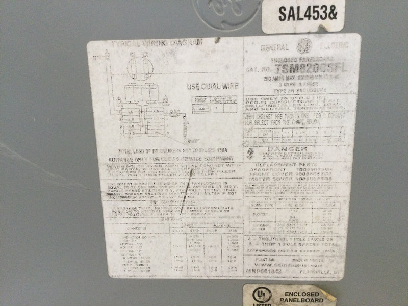 GE General Electric TSM820CSFL 200 Amp 120/240v 1 Phase 3 Wire 8 Space Dead Front &/or Meter Cover and Enclosure