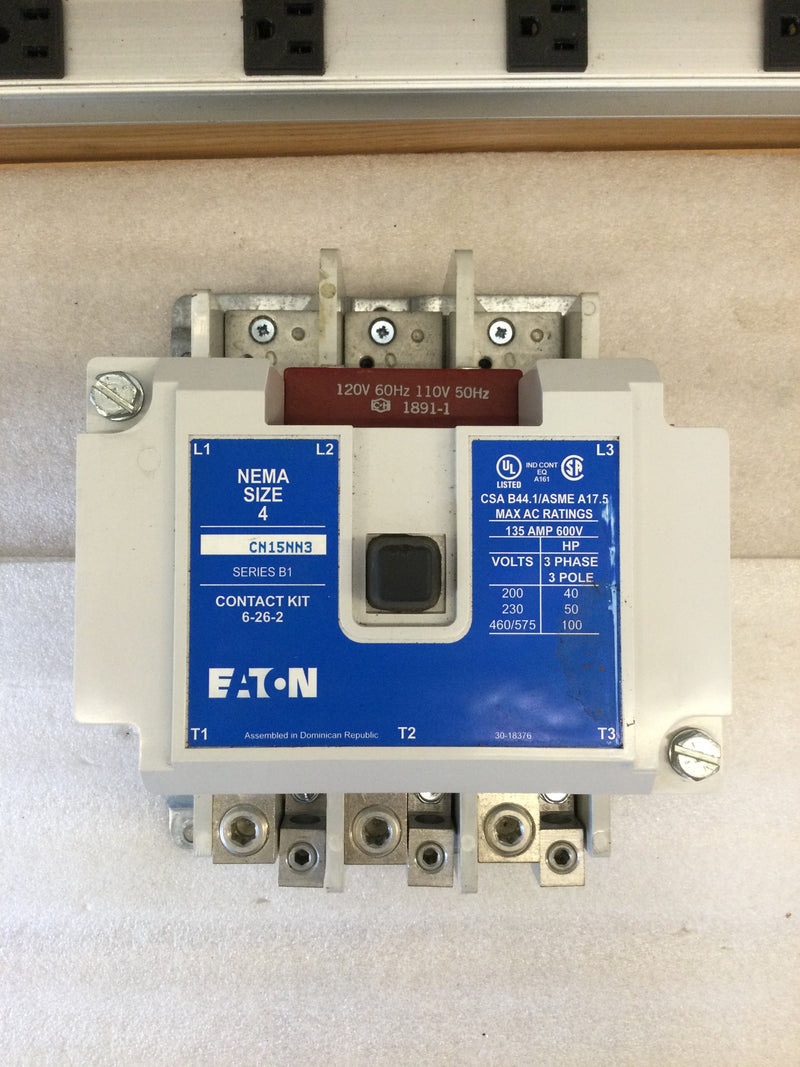 Eaton CN15NN3B 3Phase 135A 600VAC Max Rating Nema Size 4 Series B1 Contact Kit 6-26-2