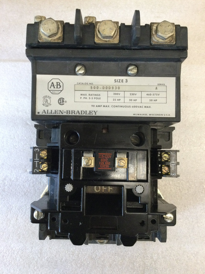 Allen-Bradley 500-D0D930 3-5 Pole 90A Max 600VAC Cont. Max 25HP @ 200V 30HP @ 230V 50HP @ 460-575V Size 3 Contactor Starter