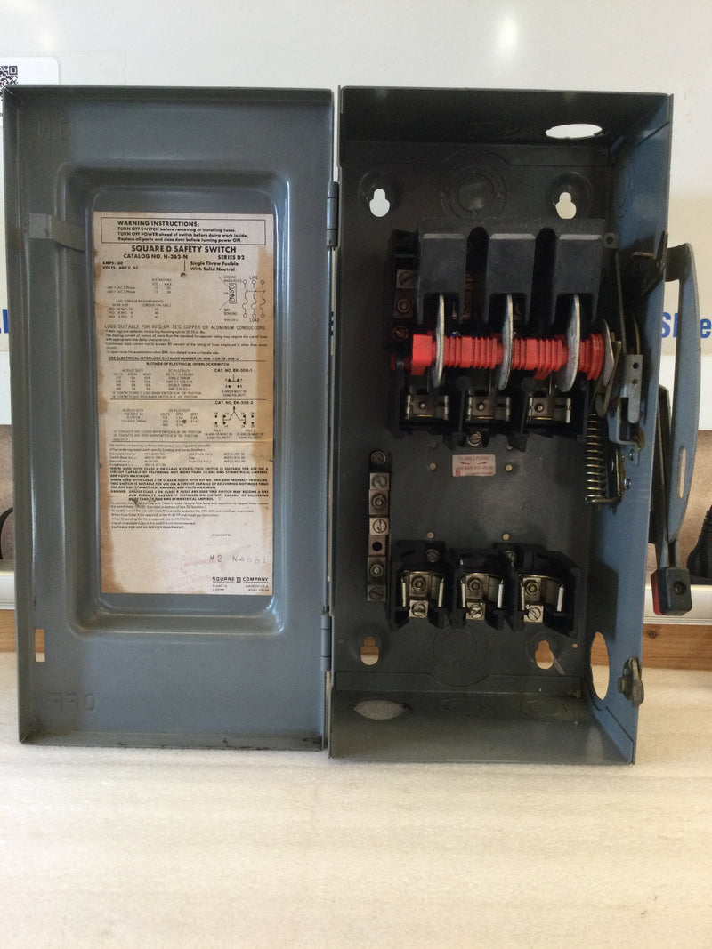 Square D H362N 3 Pole Fused 60A 600VAC Type: Nema1 Safety Switch (See Variants)