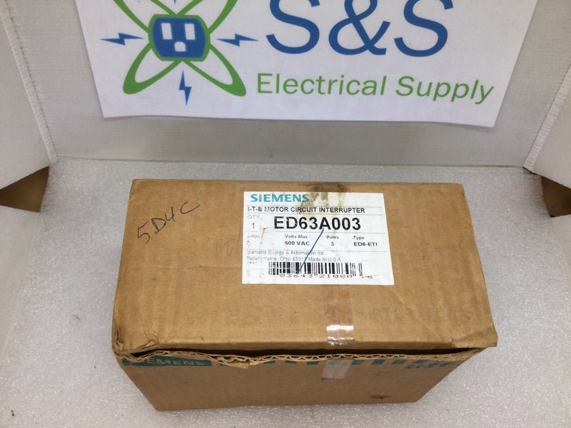 Siemens ED63A003 3 Pole 3A 600VAC Type ED6-ETI Circuit Breaker (Aged Stock/New In Box)