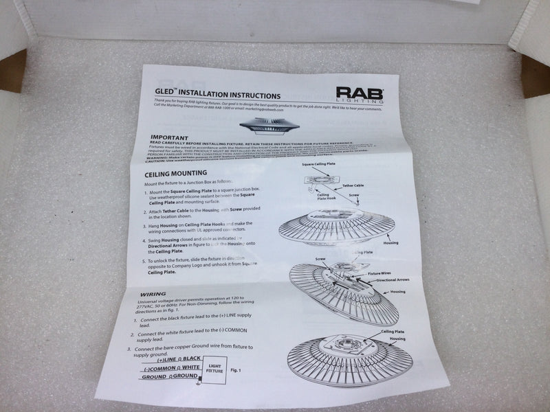 RAB Lighting GLED52W 100-277VAC 52W Class 2 Ceiling Mount Garage Fixture With 6Kv Surge Protection Type GLED
