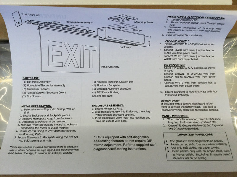 Mule ELX-2-B-RM-U-WH Specification Edge Lit Exit 14"x1/4"x7 7/8" 120/277V Recessed Mounting Exit Sign