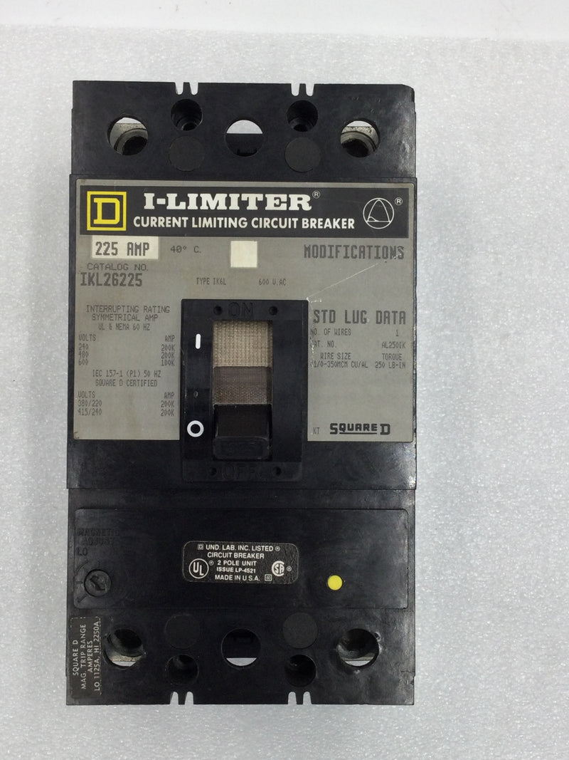 Square D IKL26225 Single Phase 225A 600VAC I-Limiter Type IKL Industrial Circuit Breaker