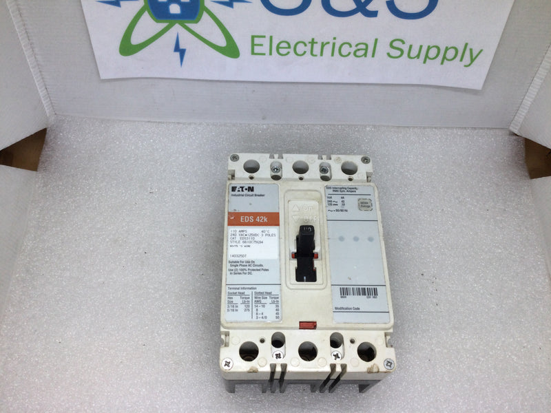 Eaton/Cutler-Hammer EDS3110 3 Pole 110A 240VAC Type EDS Circuit Breaker