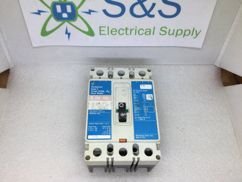 Westinghouse FDC3150 3 Pole 150A 600VAC Type FDC Circuit Breaker