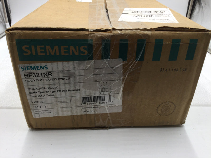 Siemens HF321NR Disconnect Fused Safety Switch 30A 3 Pole 240V 4W Nema Type 3R