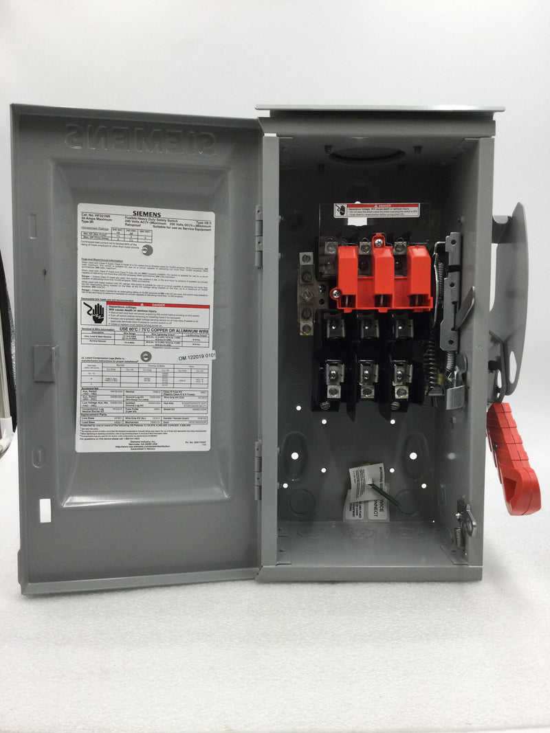 Siemens HF321NR Disconnect Fused Safety Switch 30A 3 Pole 240V 4W Nema Type 3R