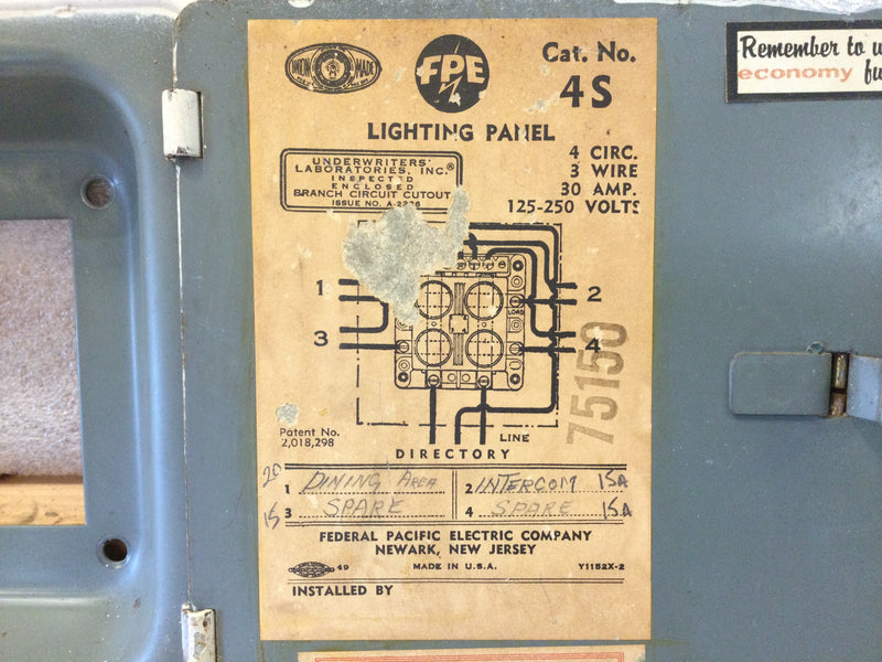 FPE 4S Lighting Panel 30 Amp 125-150V 3 Wire 4 Circuit