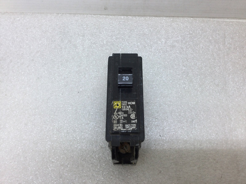 Square D/Homeline HOM120 Single Pole 20A 120/240VAC Type HOM Circuit Breaker