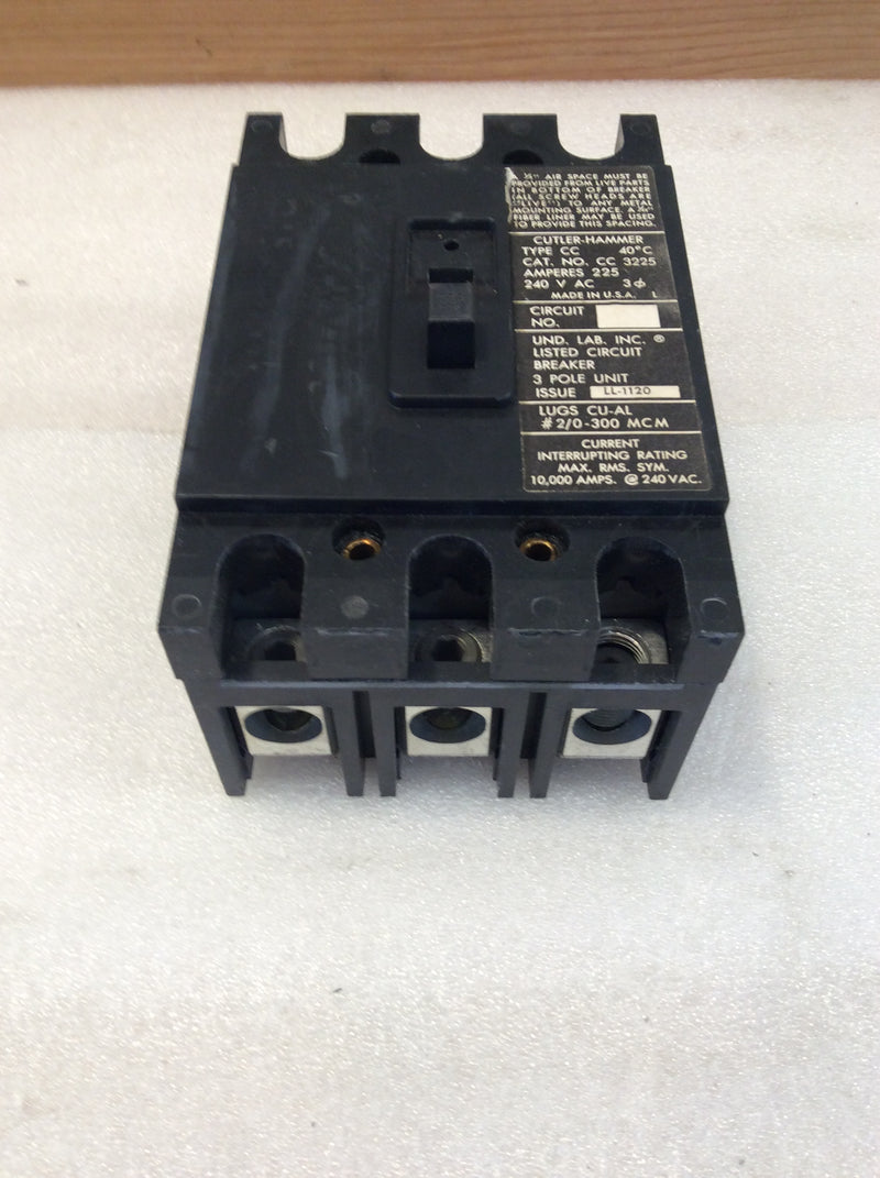 Cutler-Hammer CC3225 3 Pole 225A 240VAC Type CC Main Circuit Breaker