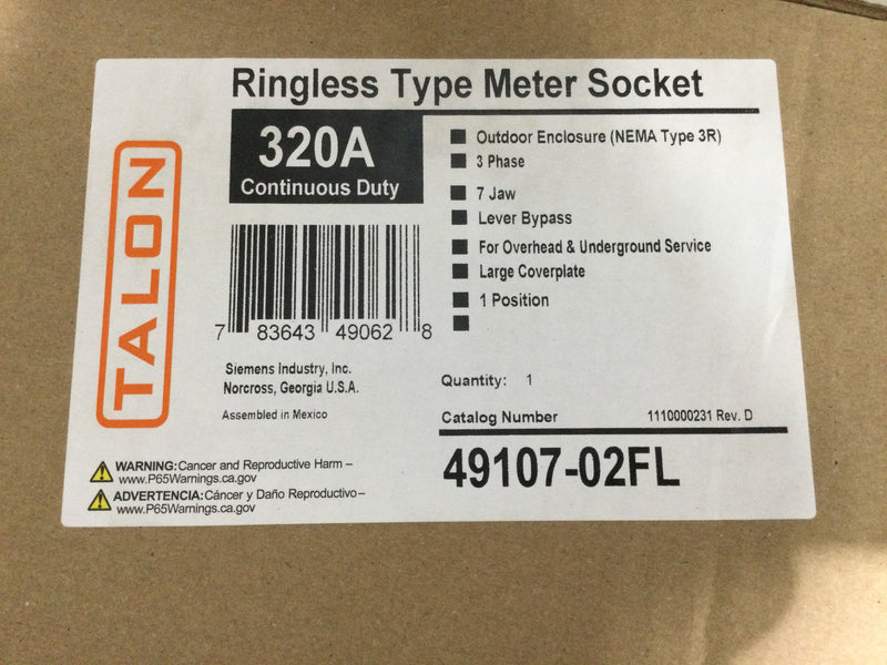 Siemens/Talon 49107-02FL 3 Phase 320A Continuous 600VAC 7 Jaw Lever Bypass Ringless Meter Socket (New)