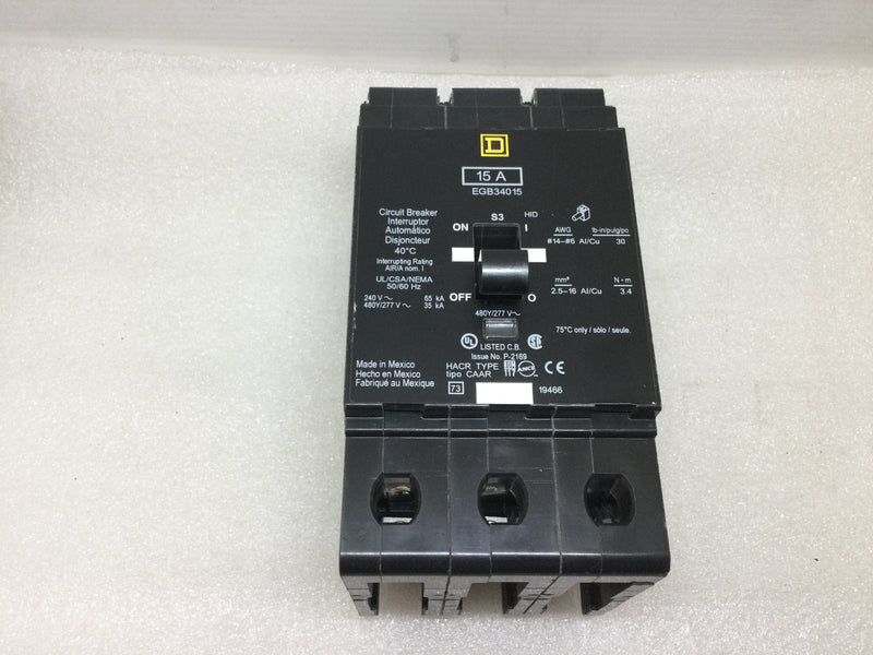 Square D EGB34015 15 Amp 3 Pole 277/480vac 50/60hz Circuit Breaker