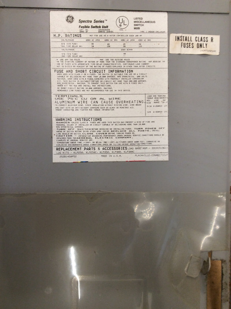 General Electric ADS36260HB Fused Panel Switch 200A 3 Phase 600VAC Fusible Nema 1 Motor Control Switch