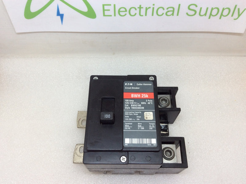Cutler Hammer BWH2100 100 Amp 2 Pole 25k AIC Main Breaker