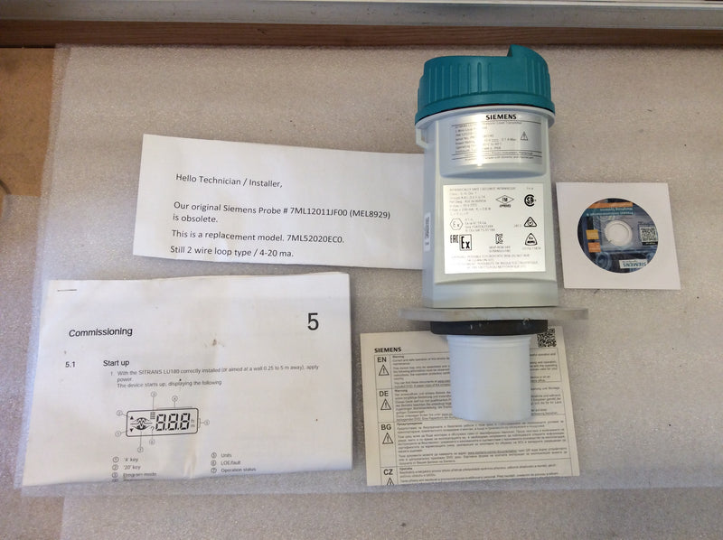 Siemens 7ML52020EC0 Short Range Ultrasonic Level Probe 2 Wire 4-20mA Loop (New In Box)