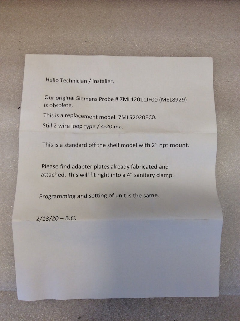 Siemens 7ML52020EC0 Short Range Ultrasonic Level Probe 2 Wire 4-20mA Loop (New In Box)