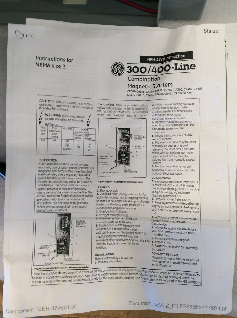 General Electric CR308DT54R6GDALTA 3Ph 45A 600VAC Combination Magnetic Starter Nema1 (New)