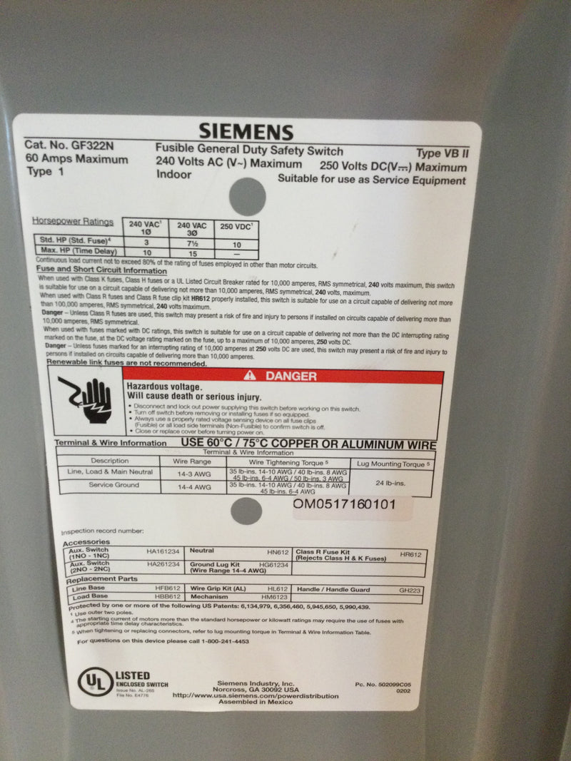 Siemens GF322N Fusible General Duty Safety Switch 60amp 240v Type 1