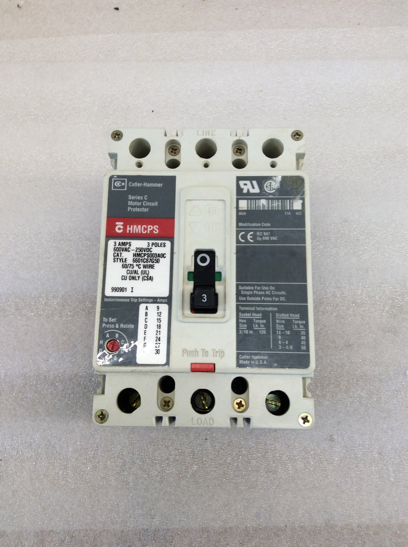 Eaton/Cutler-Hammer HMCPS003A0C 3 Pole 3A 600VAC 65K Type HMCPS Circuit Breaker