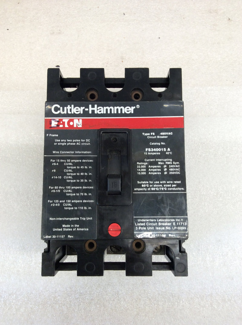 Eaton/Cutler-Hammer FS340015 A 3 Pole 15A 480VAC Type FS Circuit Breaker