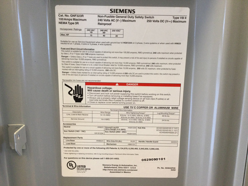 Siemens Gnf323r General Duty Safety Switch 100amp 240v