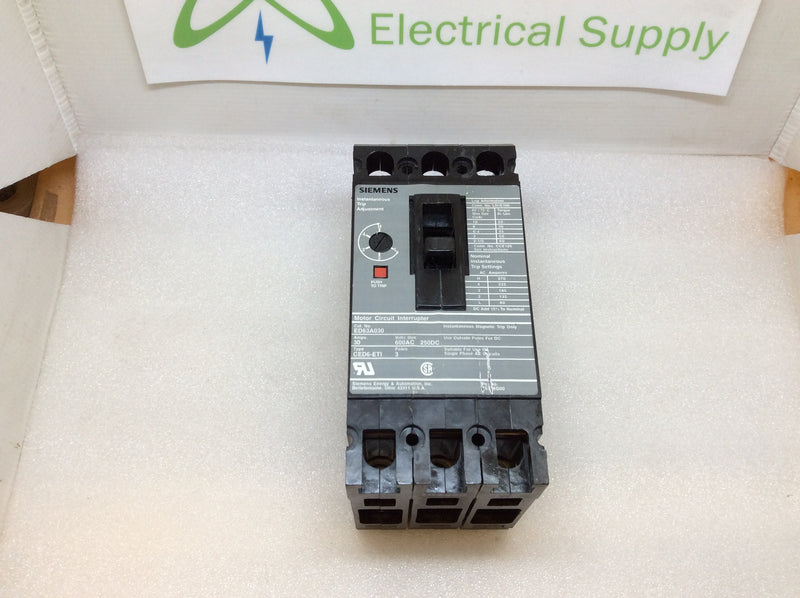 Siemens ITE ED63A030 Type CED6-ETI 3 Pole 30 Amp Motor Circuit Interrupter Breaker