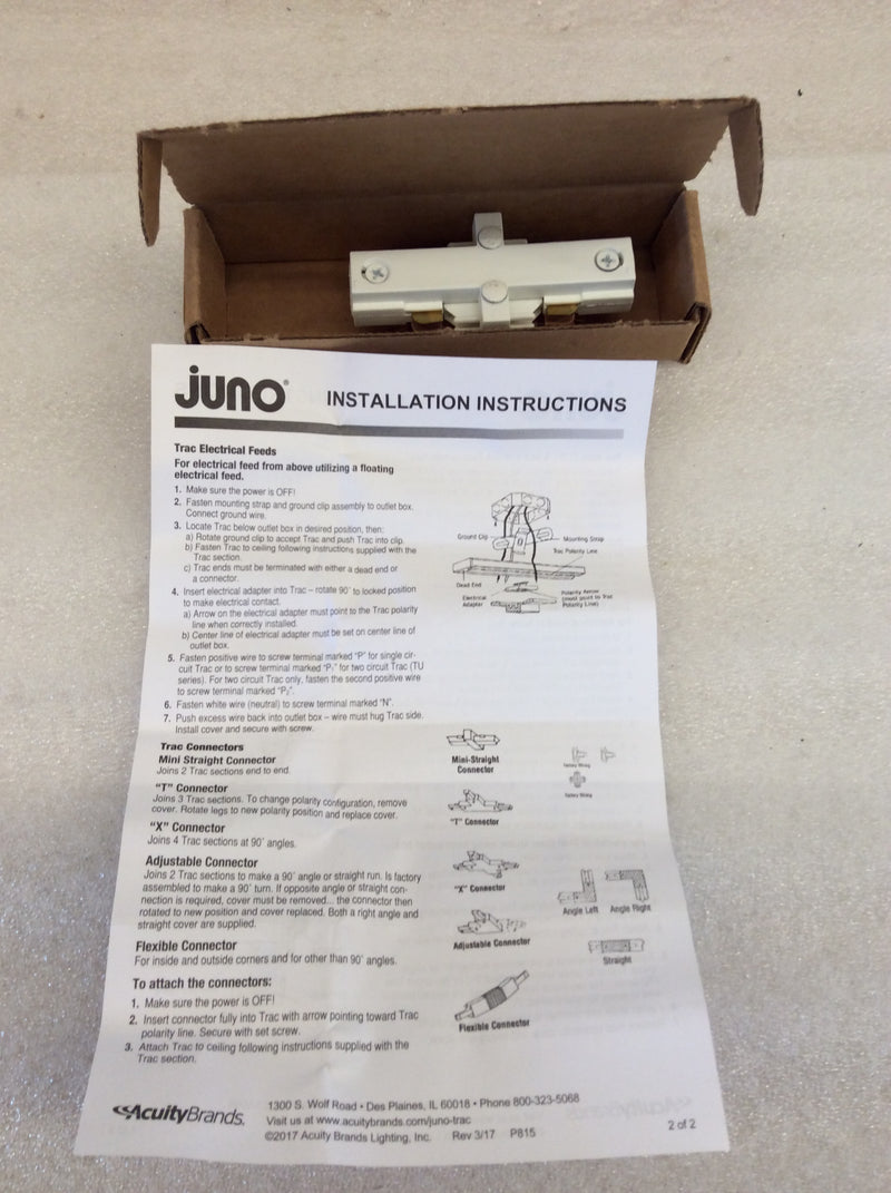 Juno Lighting TU23WH Trac-Lighting Electrical Feed Mini-Straight Connector (New Open Box)