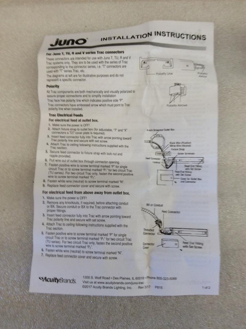 Juno Lighting TU23WH Trac-Lighting Electrical Feed Mini-Straight Connector (New Open Box)