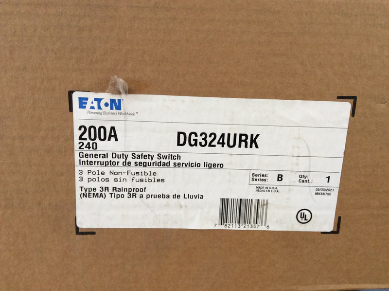 Eaton/Cutler-Hammer DG324URK 200A 240VAC 3 Pole Non-Fusible Nema3R Rainproof Safety Switch (New In Box)