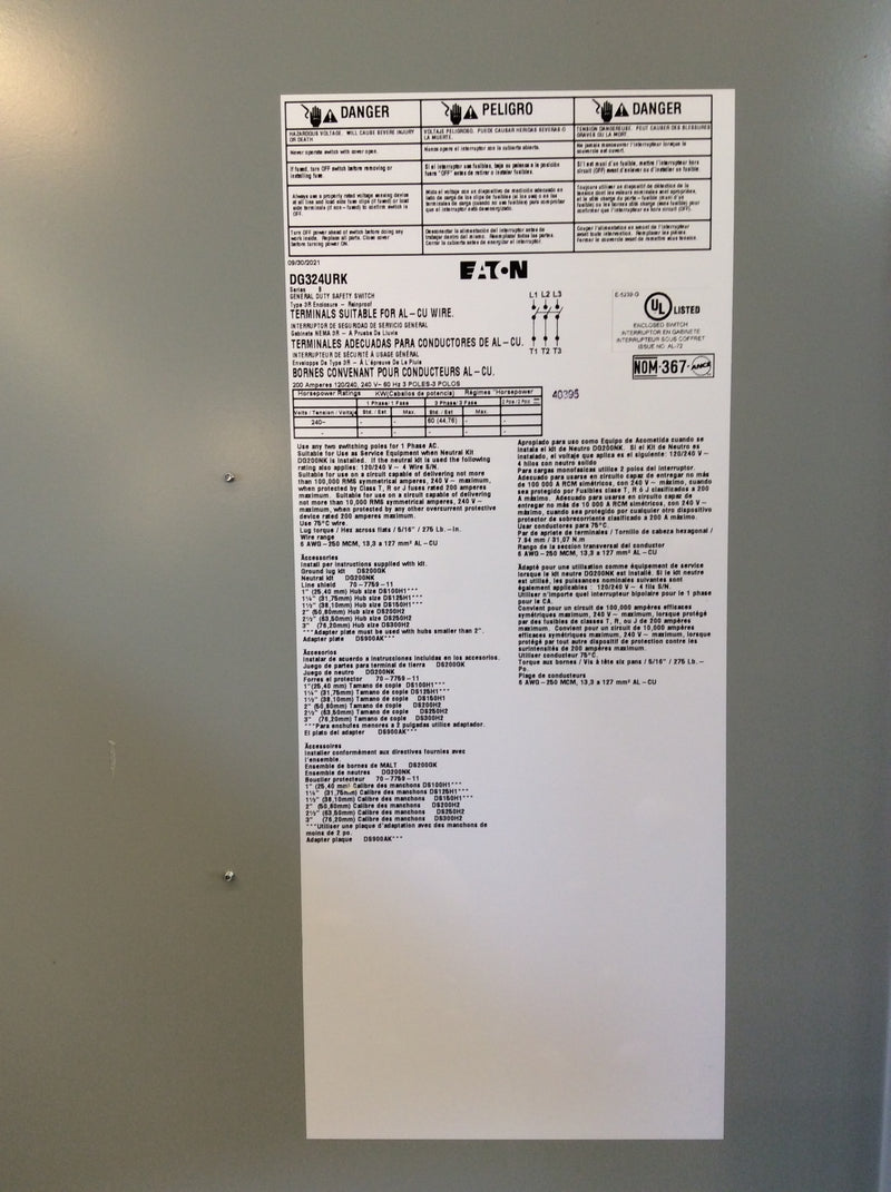 Eaton/Cutler-Hammer DG324URK 200A 240VAC 3 Pole Non-Fusible Nema3R Rainproof Safety Switch (New In Box)