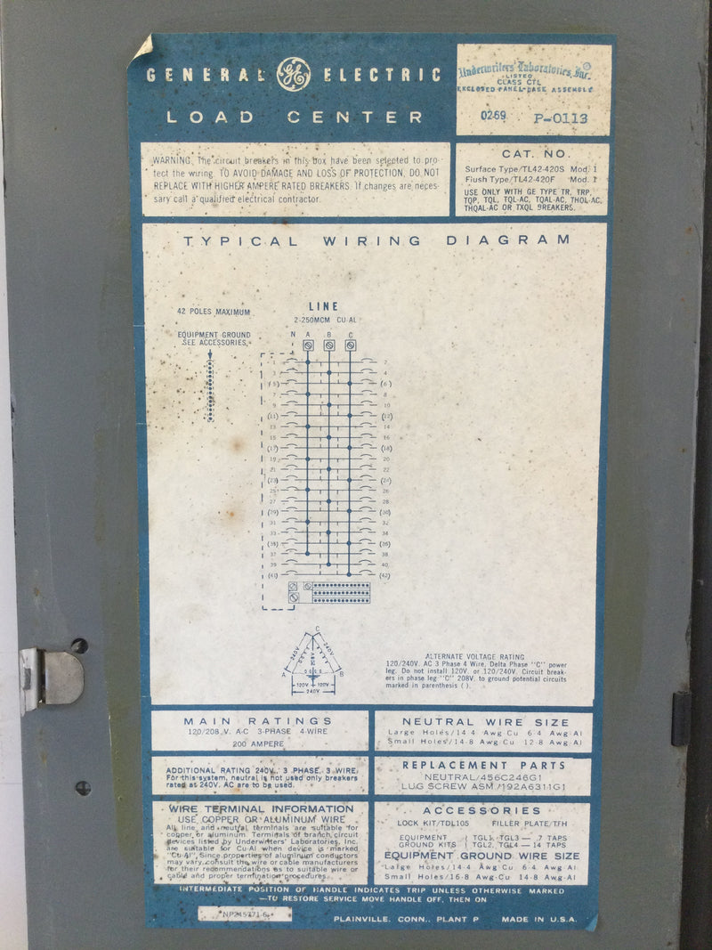 GE General Electric TL42-420S/F Mod 1 200 Amp 120/208v 3 Phase 4 Wire 42 Space Load Center Cover Only 37.25" x 14"