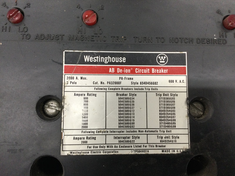 Westinghouse PA32000F 3-Pole 600V 2000Amp PA-Frame Style 654D45GG02 Circuit Breaker